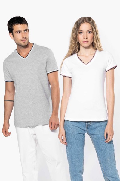 Ladies' Piqué Knit V-Neck T-Shirt - White / Navy / Red / 2XL