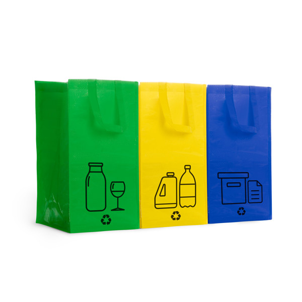 Set of 3 personalised recycling bags in PP-woven 35 litres with velcro and reinforced handles