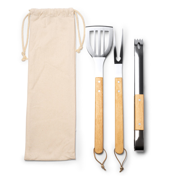 Set de barbacoa personalizado de acero inoxidable y madera con 3 accesorios
