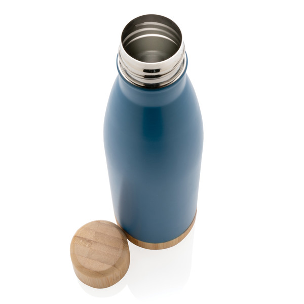 Vacuum stainless steel bottle with bamboo lid and bottom - Blue