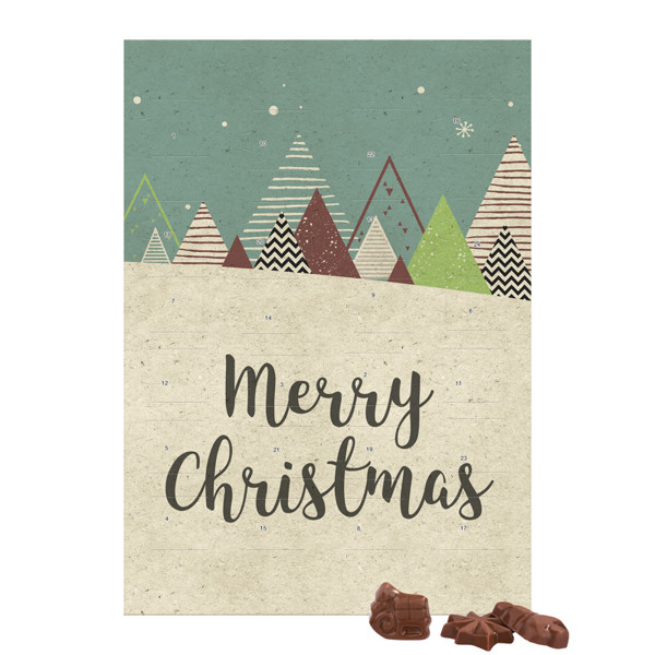 Classic wall advent calendar, grass paper, portrait, filled with Friedel milk chocolate | Solid cardboard cover: grass paper, portraiformat, cover and inlay: recyclable