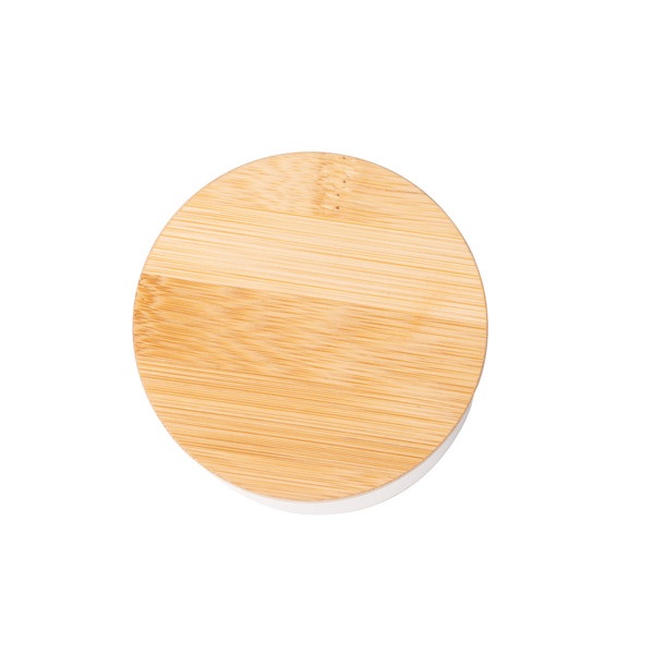 Vela aromática personalizada de cera vegetal en recipiente de cerámica con tapa de bambú
