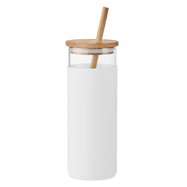 Glass tumbler 450ml bamboo lid Strass - White