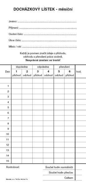 Docházkový List - Píchačka /Oboustr./