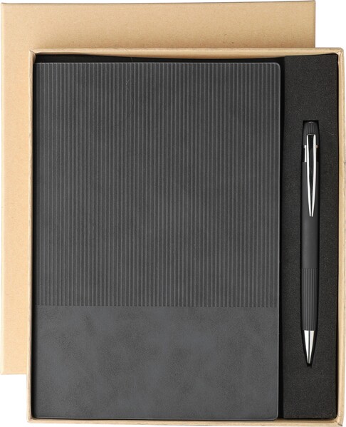 Recycled PU notebook (A5) and ballpen set Tarek - black