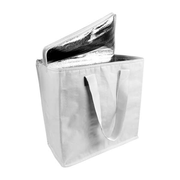 Laminated Pp Cooler Bag 120 G/M2, Coloured Handles, Zipper Closure - White