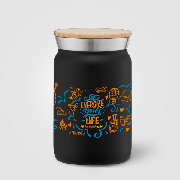 Gobelet Nordic de 265 ml en acier inoxydable à double paroi revêtu de cuivre avec couvercle en bambo - Noir / Sérigraphie