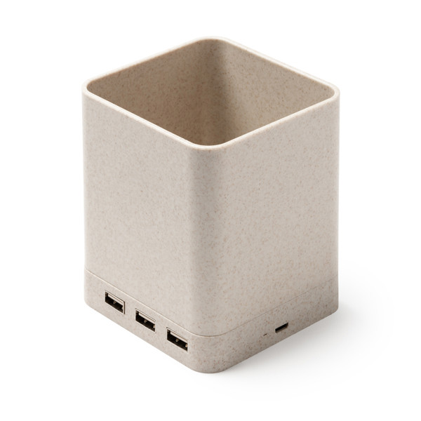Portalápices cargador inalámbrico personalizado de fibra de trigo con base USB y soporte para smartphone