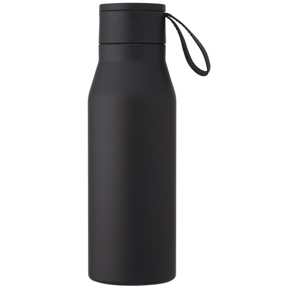 Ljungan 500 ml copper vacuum insulated stainless steel bottle with PU leather strap and lid - Black