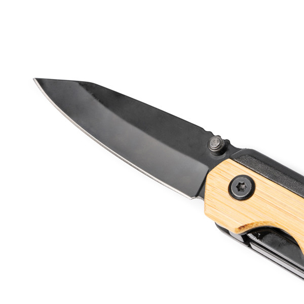 Multiherramienta personalizada de bambú y acero inoxidable con navaja y cutter