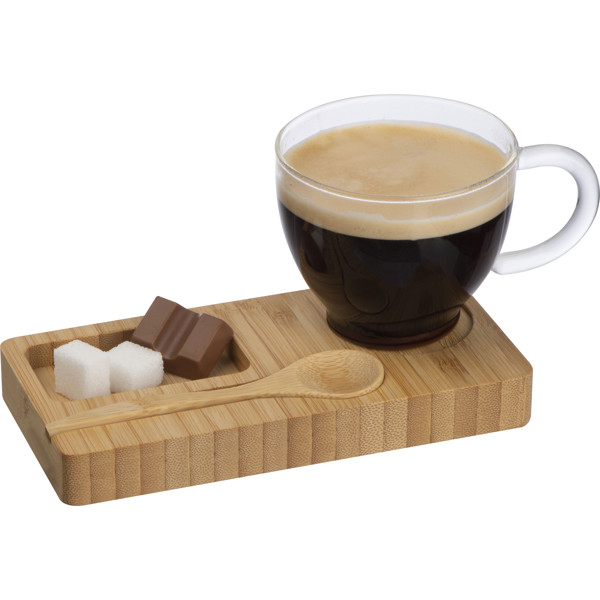 bamboo tray with spoon and glass mug ROSA - Beige