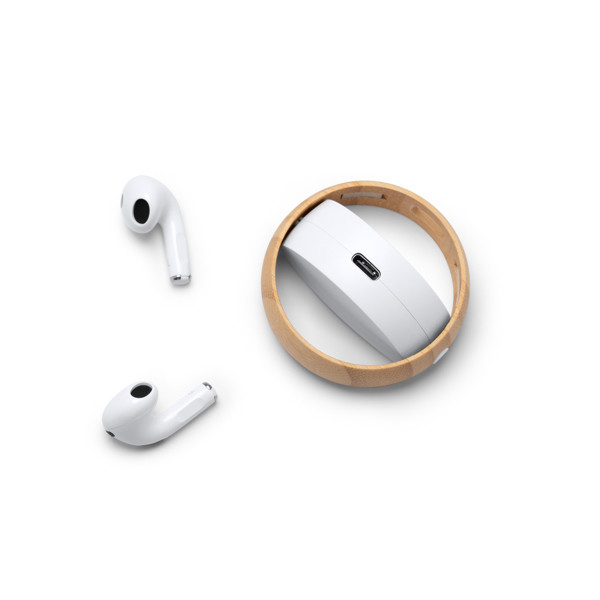 Personalized wireless earphones with recycled material case and bamboo ring