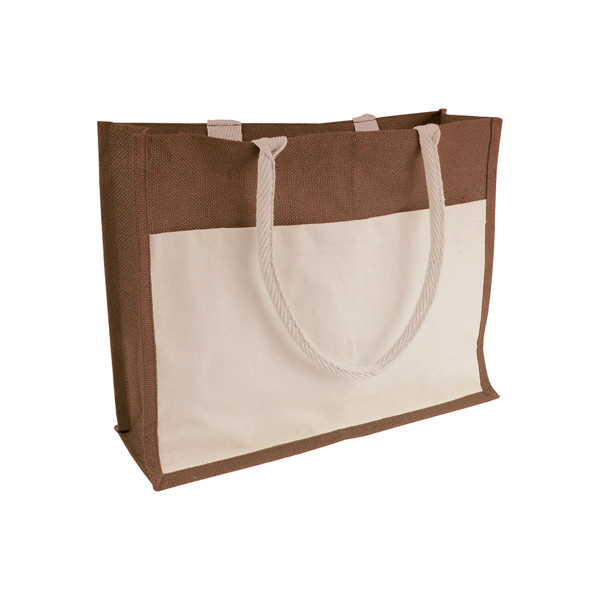 Jute Bag With Pvc Interior, Gusset, Long Handles And Outer Pocket - Brown