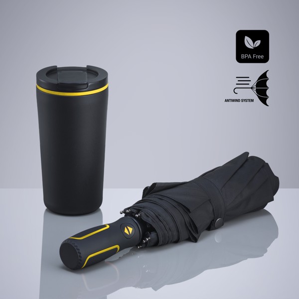 Travel Set: Thermal Mug 370 ml & Automatic Umbrella - Yellow