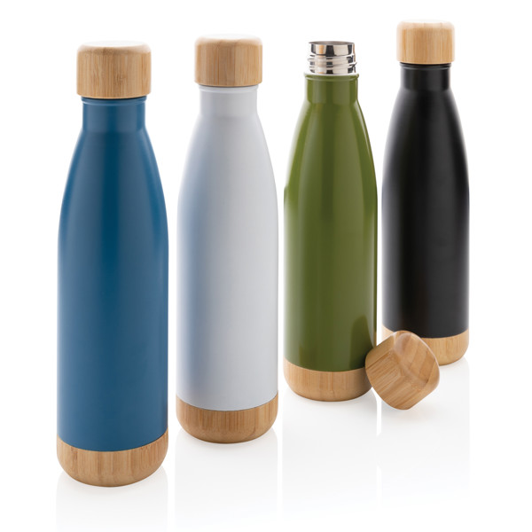 Vacuum stainless steel bottle with bamboo lid and bottom - Blue