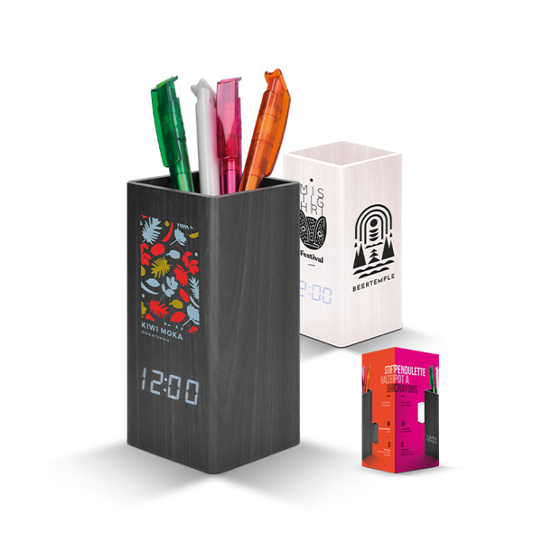 PENDULETTE AVEC POT A CRAYONS ET THERMOMETRE, HORLOGE DE BUREAU - Blanc