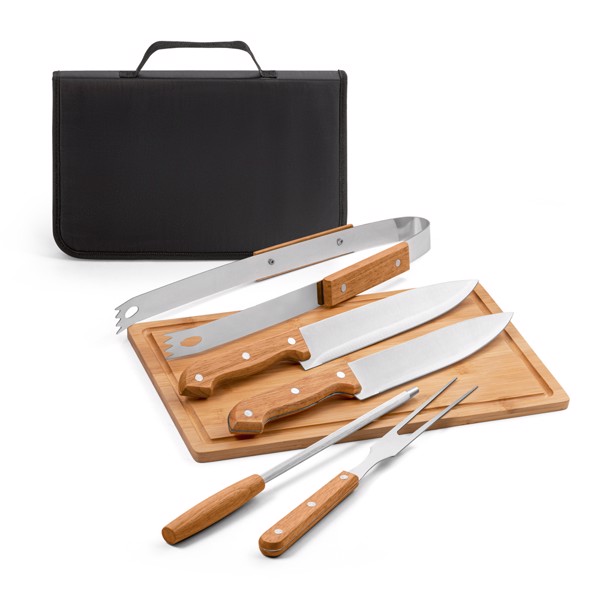 FLARE. Five-piece wooden and stainless steel barbecue set