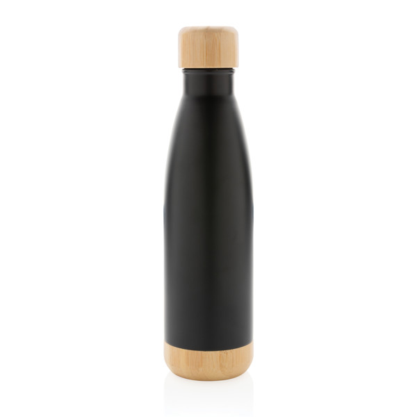 Vacuum stainless steel bottle with bamboo lid and bottom - Black