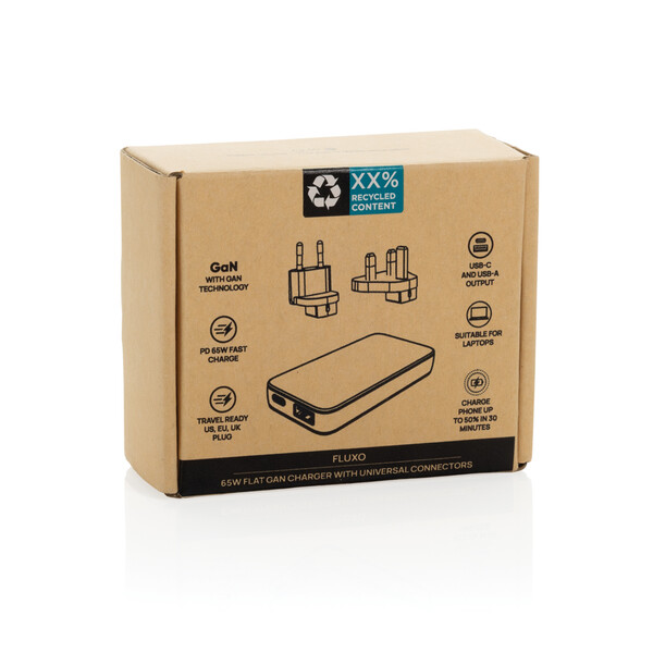 Fluxo RCS 65W flat GAN charger with universal connectors