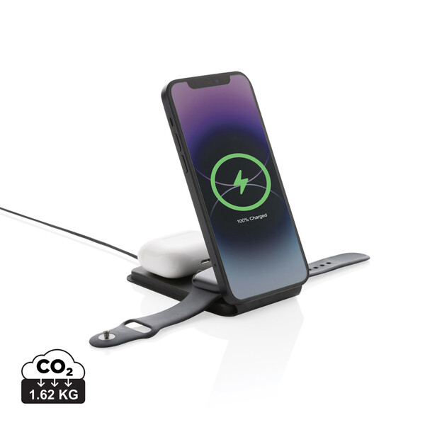 Swiss Peak 3-in-1 wireless charger, 15W, recycled PU
