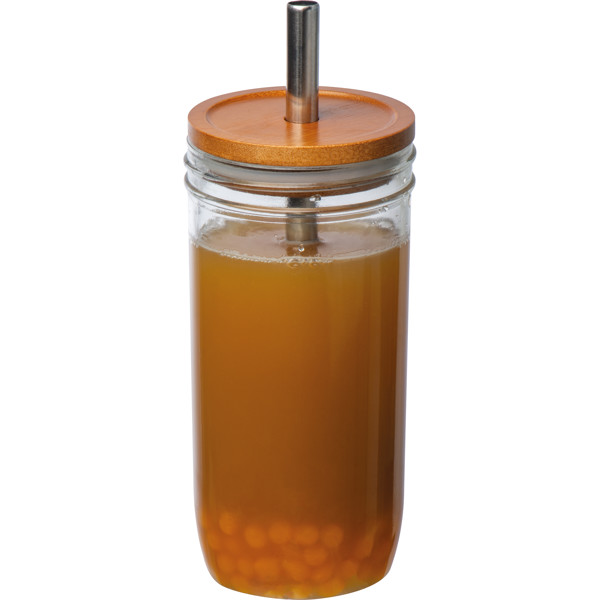 Glass mug with bamboo lid and straw BENEDYKT - Transparent