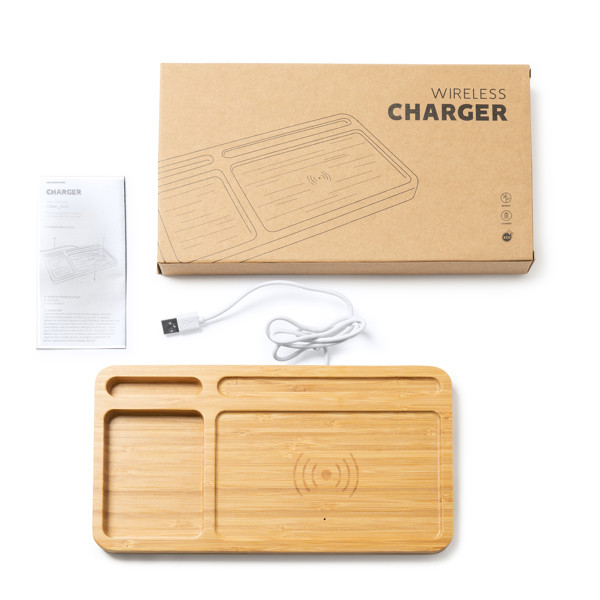 Personalised wireless charger organiser in bamboo 5W with multi-compartment tray