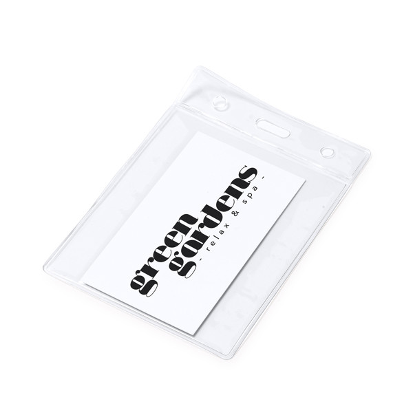 Personalised transparent PVC vertical badge holder with 9.5 x 7.5 cm card slot