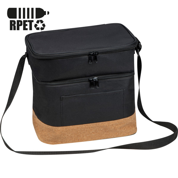 RPET cooler bag with extra compartment and cork bottom WOLFGANG - Black