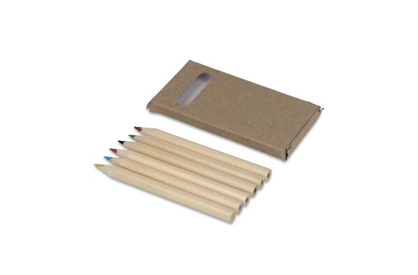 6 crayons de couleur dans une boîte kraft