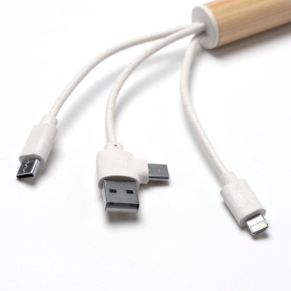 Personalised 4-in-1 charging cable in bamboo and wheat fibre with key ring loop