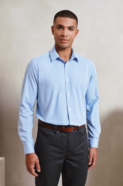 Men's Long Sleeve Gingham Cotton Microcheck Shirt - Black / White / L