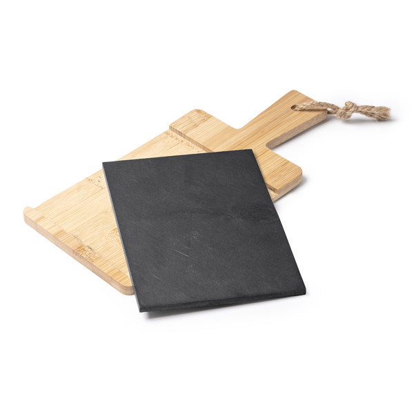 Personalised bamboo and slate chopping board with hanging cord