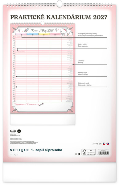 Notique Nástěnný Kalendář Rodinný Plánovací Hello Kitty Xl 2027, 33 x 46 cm