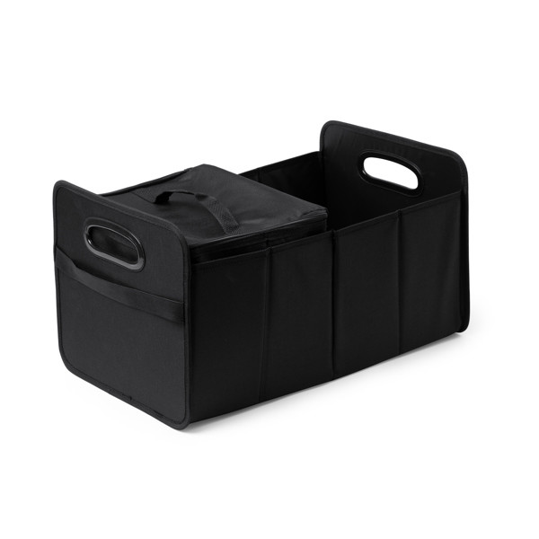 Foldable car trunk organizer with removable 12-litre isothermal cooler, custom branded in 600D polyester