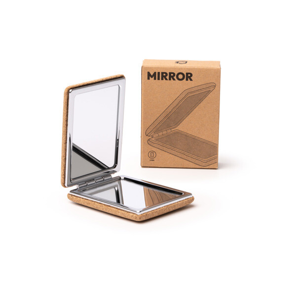 Foldable pocket mirror with magnifier customised in natural cork