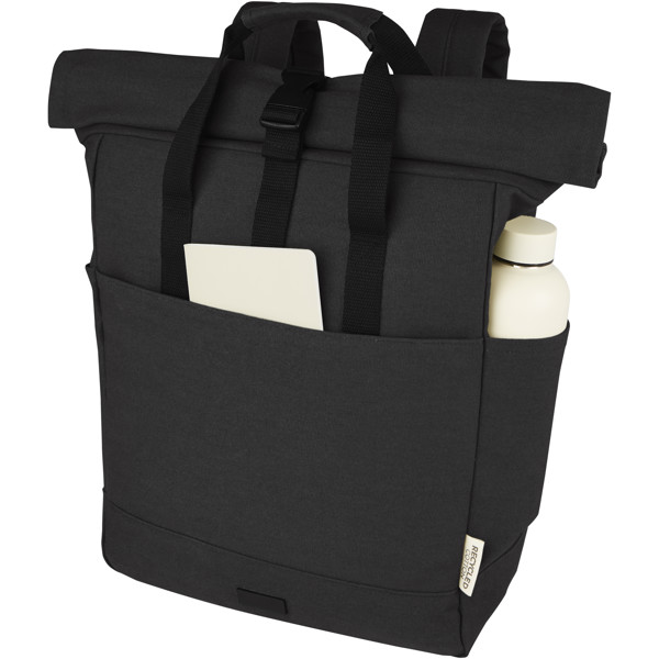 Sac à dos pour ordinateur portable Joey de 15 L en toile recyclée GRS 15 pouces avec dessus enroulable - Noir