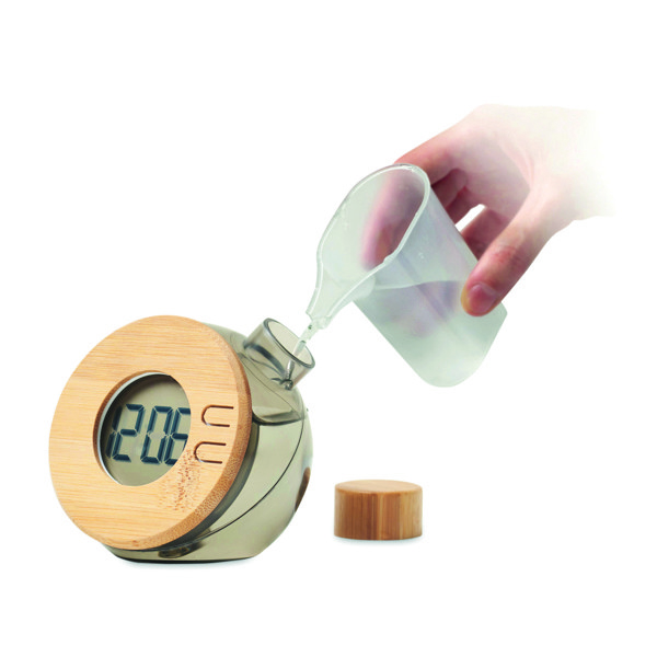 Droppy Lux LCD namizna ura, vodni pogon, bambus