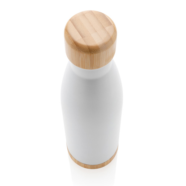 Vacuum stainless steel bottle with bamboo lid and bottom - White