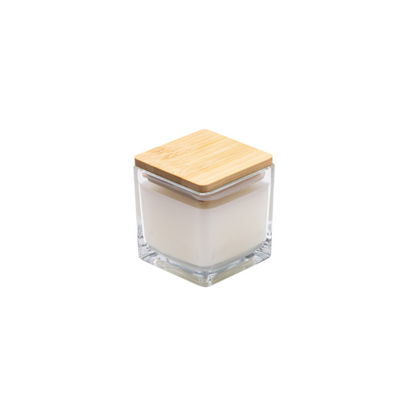 Personalised aromatic candle in glass jar with bamboo lid and vanilla scent