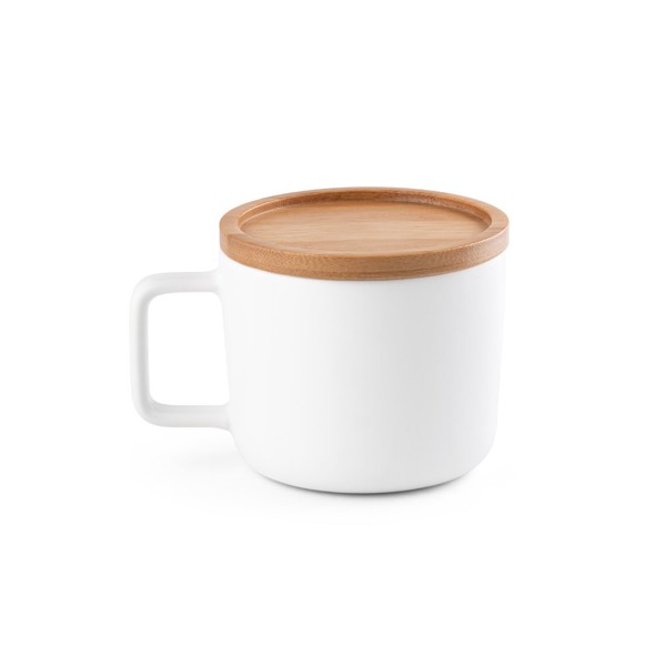 FANGIO. 230 mL ceramic mug with lid and bamboo base - White