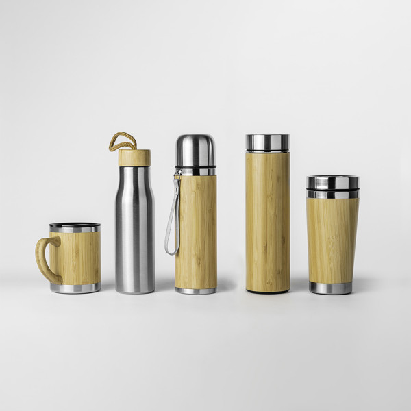 Personalised stainless steel and bamboo thermos 420 ml with cup lid