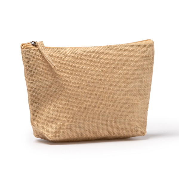 Personalised jute toiletry bag with matching zip and puller