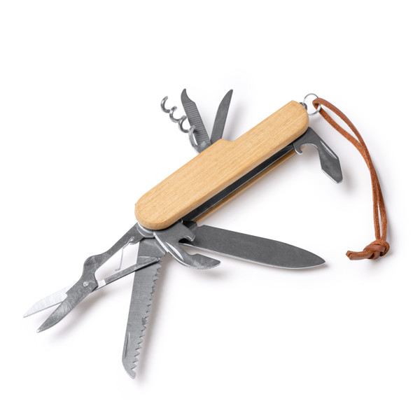 Personalized multitool pocket knife bamboo and stainless steel 9 functions with faux leather pouch