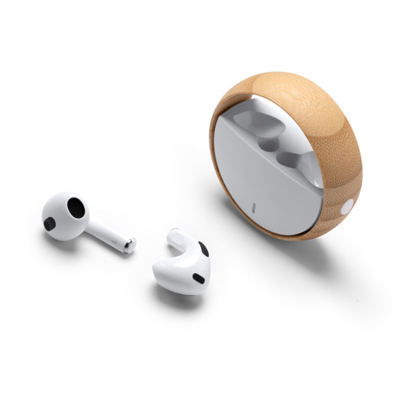 Personalized wireless earphones with recycled material case and bamboo ring