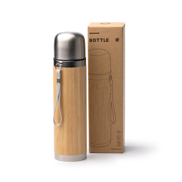Personalised stainless steel and bamboo thermos 420 ml with cup lid