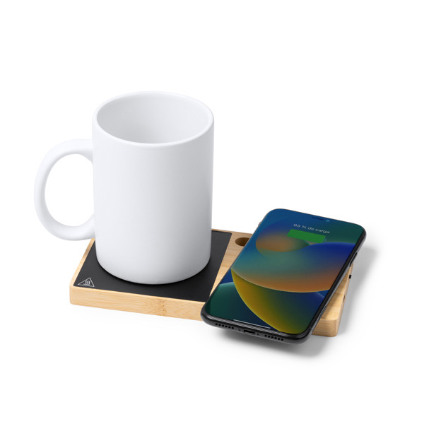 Calentador de taza personalizado de bambú con carga inalámbrica 15W y soporte para smartphone