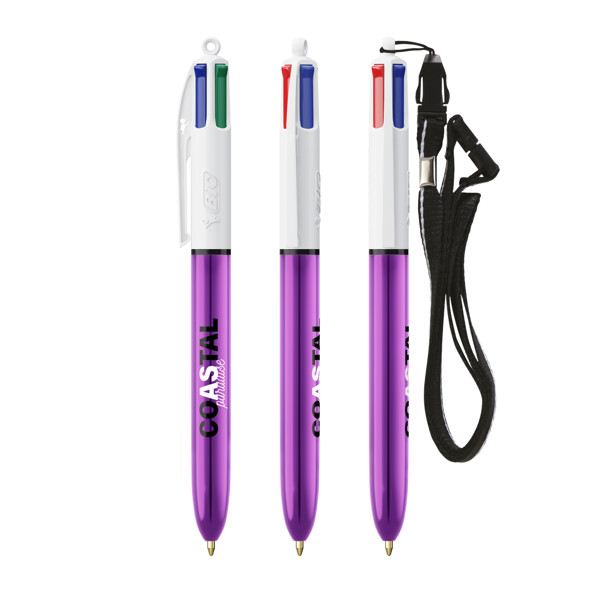 BIC® 4 Couleurs® Shine with lanyard ballpen - Blanc/Violet Metallique