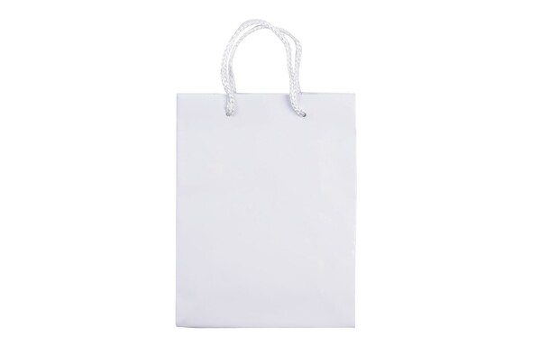 Papirnata vrečka 180x80x240 mm, sijajna, ročaji iz vrvi - Bela