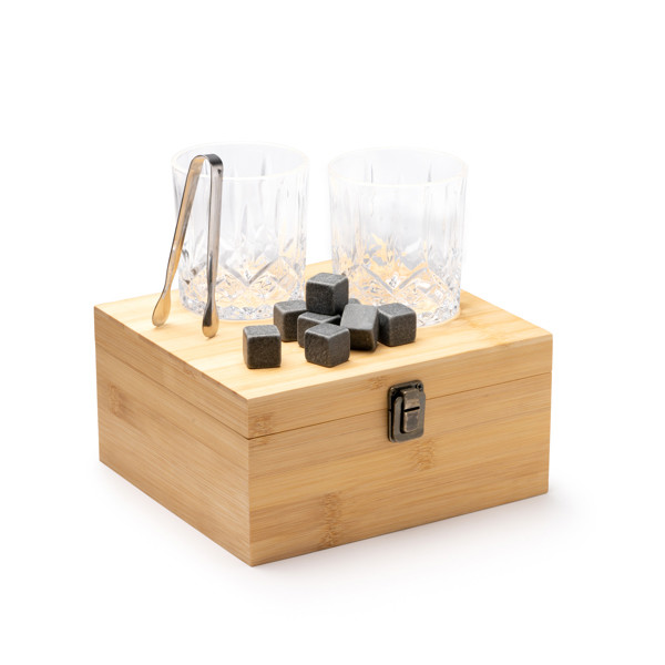 Set de whisky personalizado con vasos de vidrio y cubitos de piedra natural reutilizables