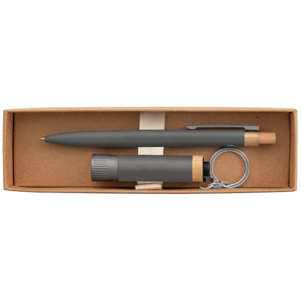 Reborn Recycled Aluminium Bamboo Accented Pen & Torch Gift Set – Laser - Gunmetal / Laser